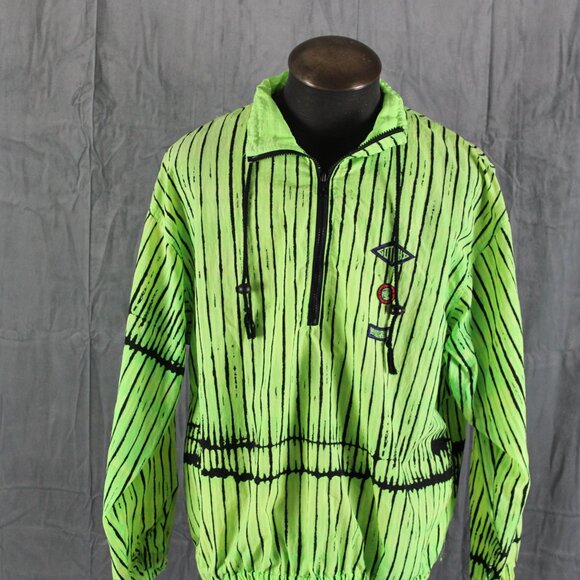 Vintage Gotcha Windbreaker - Neon Green Stiped - Men's Medium - Picture 3 of 7